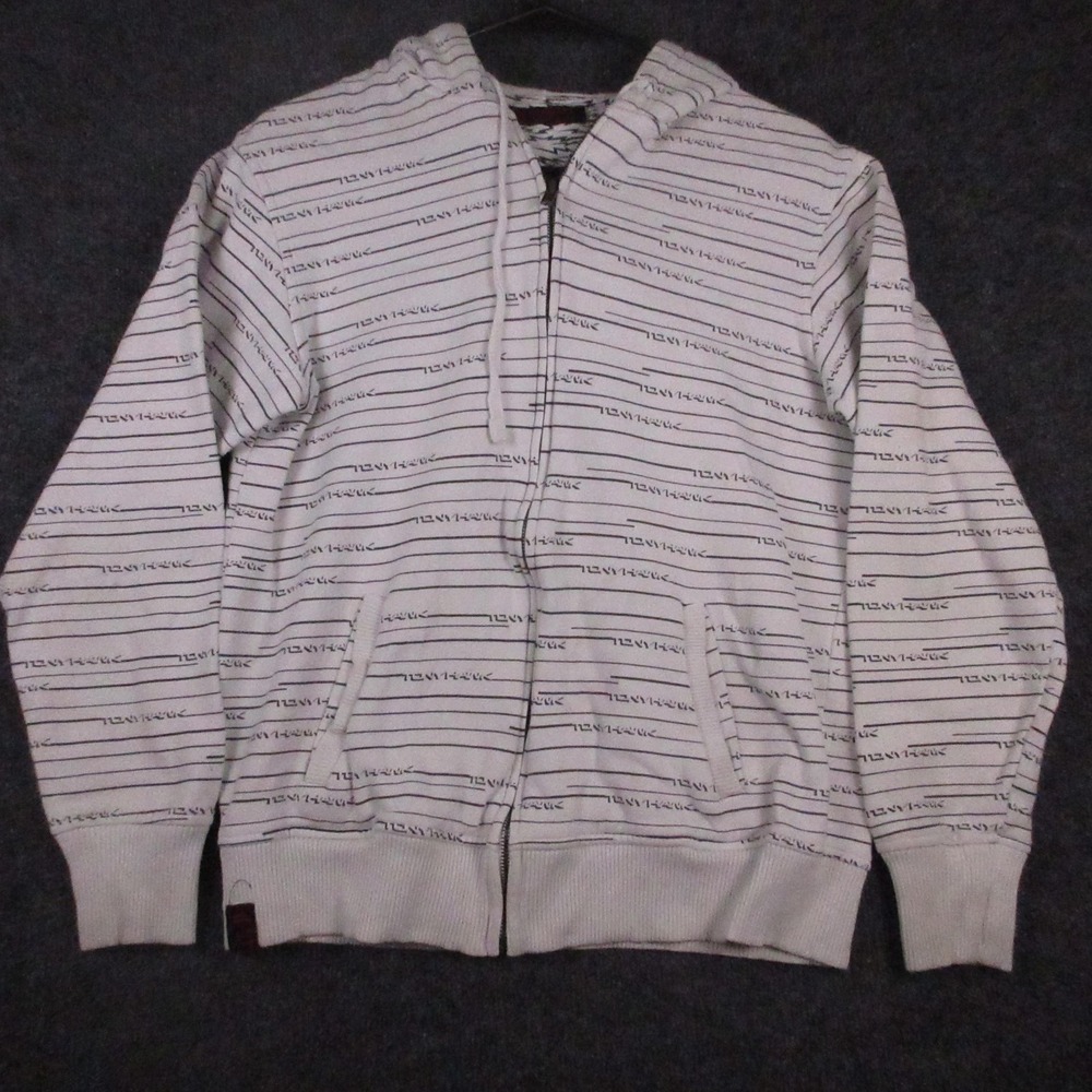 Y2K Tony Hawk Hoodie Mens Small White Stripe Full Zip Fleece Logo Skateboarding